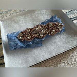 Dusty Blue and Rose Gold Wedding Garter (Plus Size, 25 inches) Never Used